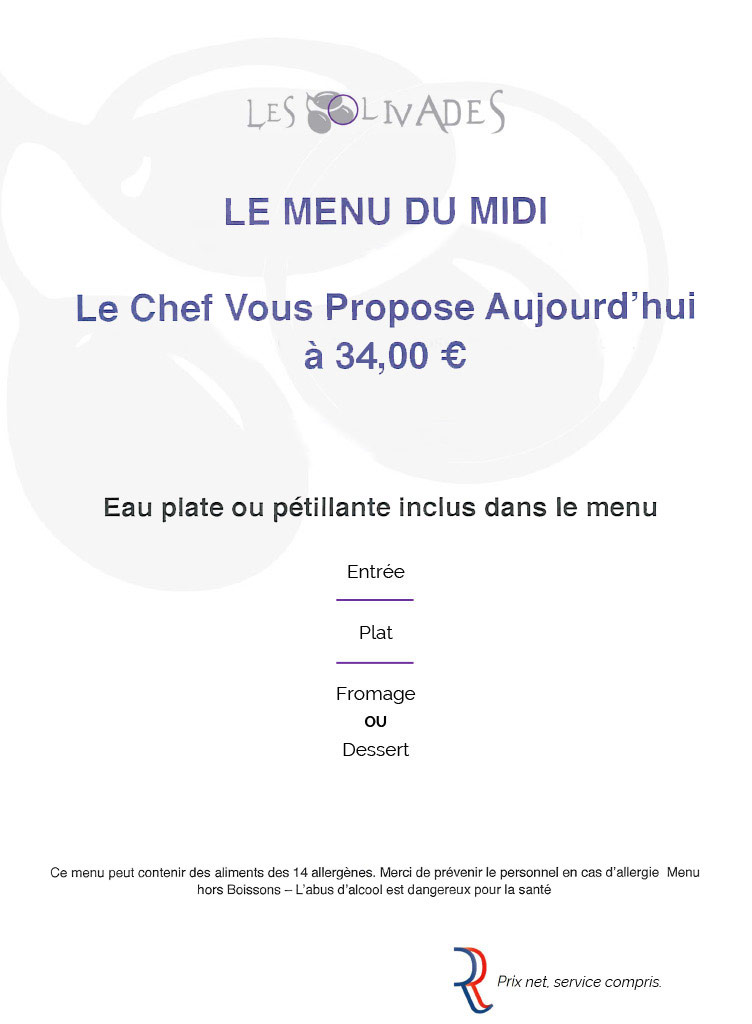 Menu Et Carte Des Olivades Restaurant Gastronomique A Gap